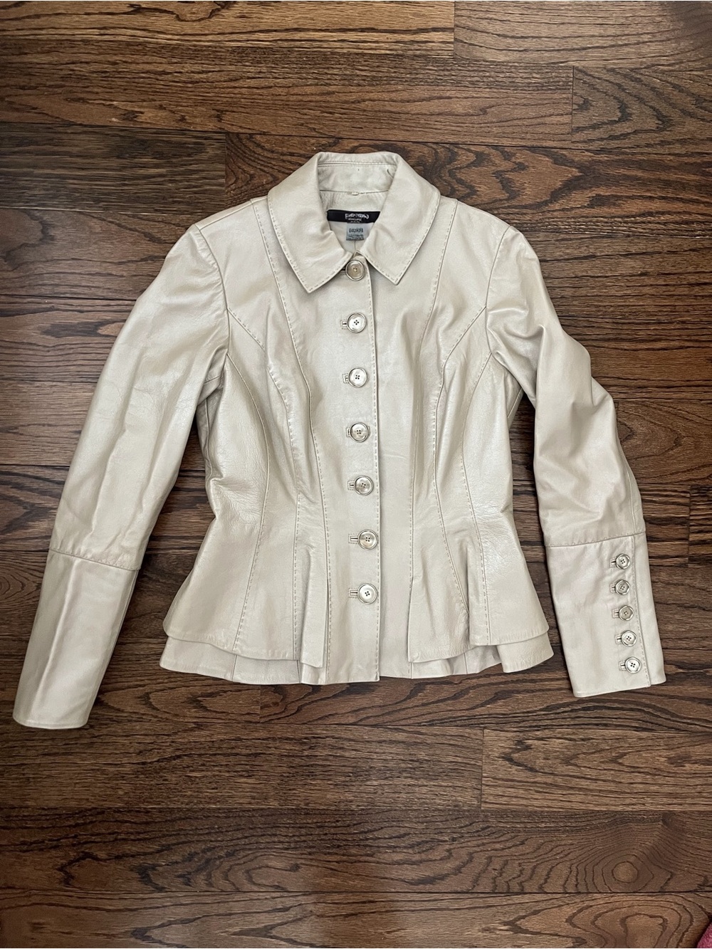 Ecetera Women's Ivory/Gold/Leather Tailored Jacket With Peplum Detail